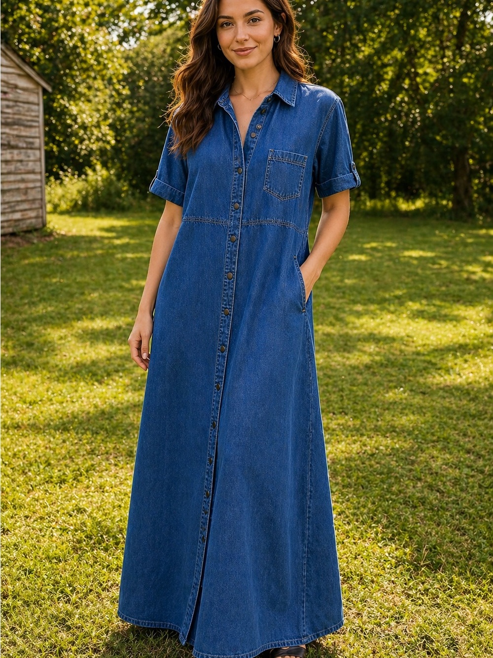 Vintage Bobbie Brooks Long Denim Shirt Dress | Button Front Western Dress - Picture 4 of 5